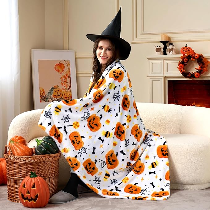 Joiedomi Halloween Throw Blanket - Soft Plush Spider Webs Bat Pumpkin Blanket - Cozy Flannel White Halloween Decoration for Party Sofa Bed Living Room 50"x60"