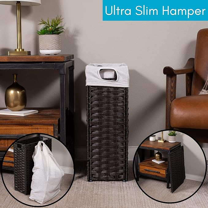 BIRDROCK HOME 22" Laundry Hamper with Removable Liner Bag - Handwoven PE Rattan Clothes Basket - Compact & Collapsible Laundry Storage for Bedroom & Bathroom - Perfect for Small Spaces - Slim, Brown