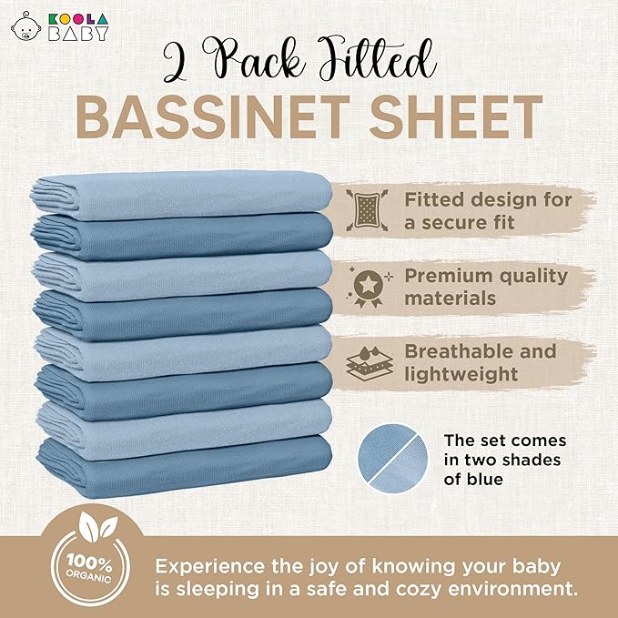 Bassinet Fitted Sheets - Compatible with Amke, Ronbei, Pamobabe, and Nordmiex | 100% Organic Jersey Cotton - Light Blue + Dark Blue | 32x19 (2 Pack)