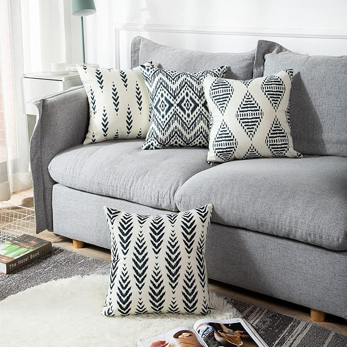 ArtSocket Set of 4 Throw Pillow Covers Ikat Tribal and Boho Bohemian Black Ethnic Herringbone for Ideas Decor Linen Outdoor Pillow Cases Home Decorative Square 18x18 Inches Pillowcases