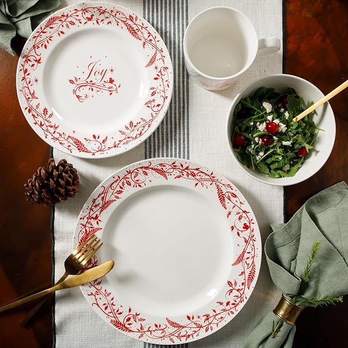 Martha Stewart Christmas Holiday Plates 16-Piece Porcelain Chip and Scratch Resistant Dinnerware Set