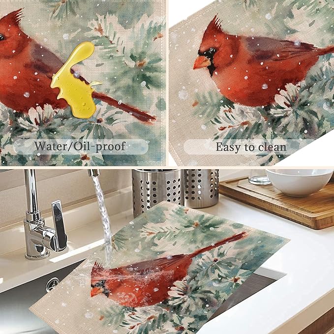 Bird Placemats Set of 6, Cardinal Place Mats Washable Heat Resistant 12×18 Inch Linen Table Mats for Christmas Party Outdoor Dining Décor