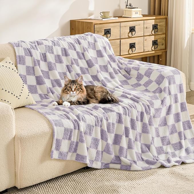 EMME Checkered Blanket Throw - 50"x60" Lavender Knit Blanket Soft Fluffy Patterned Throw Blankets for Couch, Sofa, Chair, Bed, Camping, Picnic, Travel