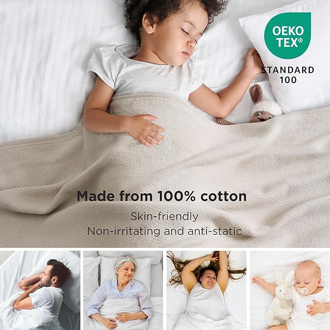 Bedsure 100% Cotton Blanket Twin XL Size for Bed - Breathable and Lightweight, Soft Cozy Textured Herringbone Woven Summer Blanket for College Dorm, Linen Beige, 66x90 inches