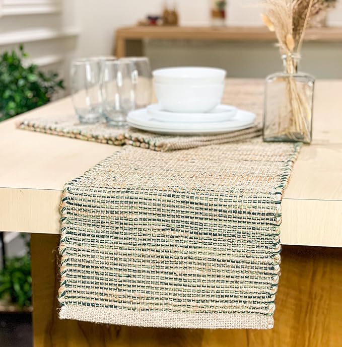 Chardin Home Natural Jute Table Runner 13x90 Inch – Vintage Boho Rustic Table Decor – Handwoven Jute Table Runner in Natural and Green– Farmhouse Dining or Console Table Accent