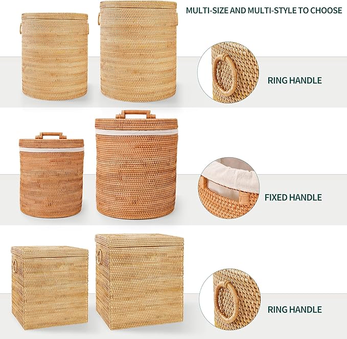 Rattan Laundry Hamper With Removable Liner Bag, Rattan Laundry Basket With Handles(16.5" L×13"W×18"H)