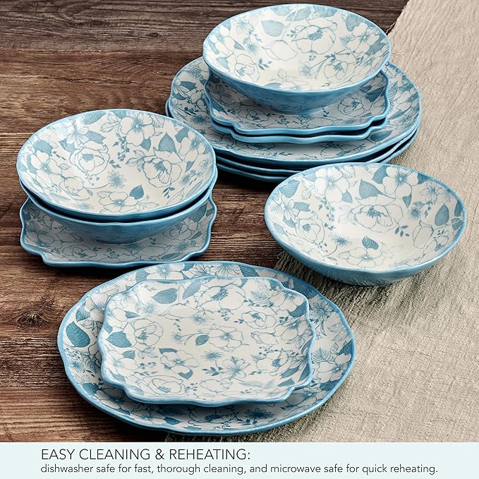 Pfaltzgraff Garden Blossom Floral 12 Piece Plate Bowl Dinnerware Set, Blue