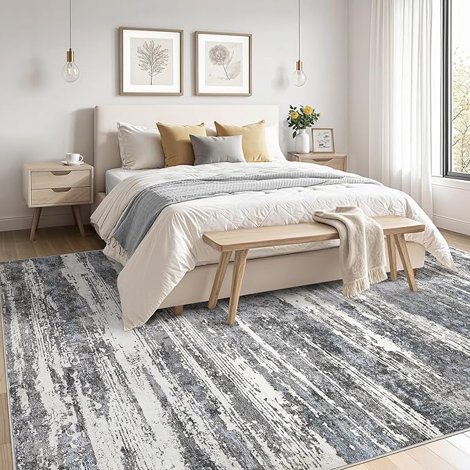 Area Rugs for Living Room: 8x10 Abstract Washable Rug Modern Neutral Large Soft Stain Resistant Non-Slip Backing Machine Table for Bedroom Dining Room Indoor Home Office Carpet - Black/Blue