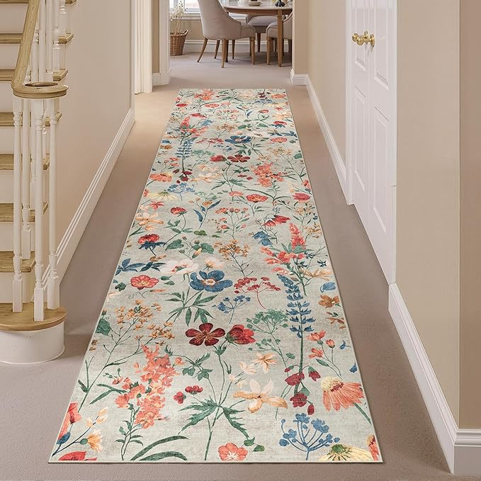 Floral Runner Rug 2x10 Washable Hallway Long Beige Bedroom Carpet Non Slip Indoor Boho Kitchen Low Pile Accent Rug Lightweight Soft for Bathroom Dining Laundry Living Room