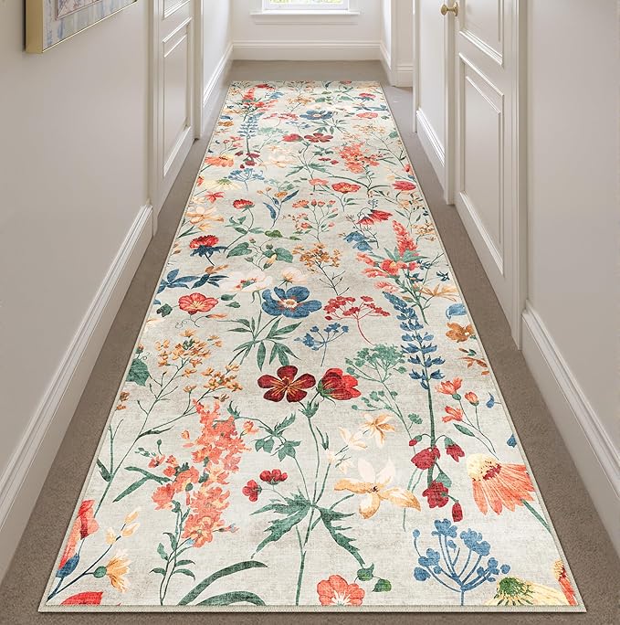 Floral Runner Rug 3x8 Washable Hallway Long Beige Bedroom Carpet Non Slip Indoor Boho Kitchen Low Pile Accent Rug Lightweight Soft for Bathroom Dining Laundry Living Room
