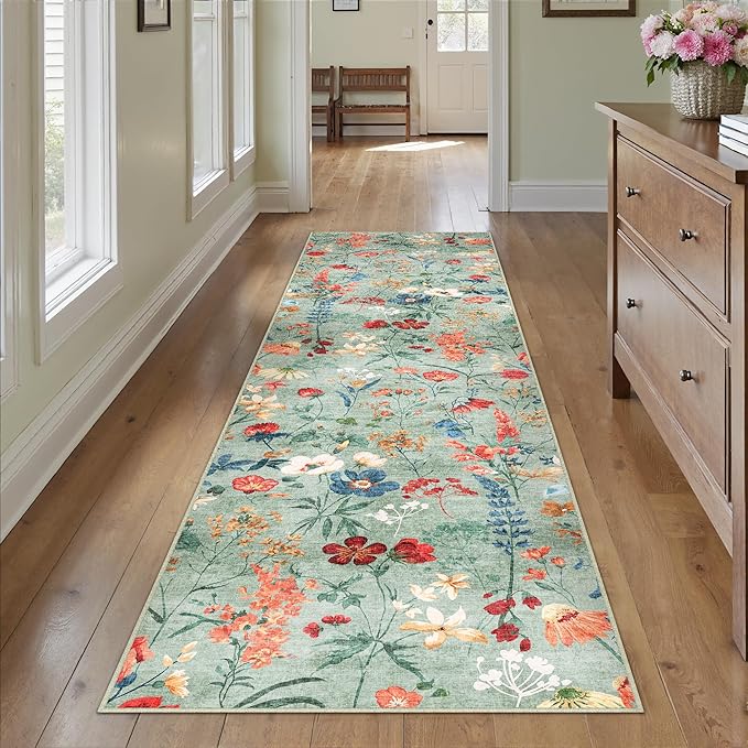 Floral Runner Rug 3x7 Washable Hallway Long Green Bedroom Carpet Non Slip Indoor Boho Kitchen Low Pile Accent Rug Lightweight Soft for Bathroom Dining Laundry Living Room