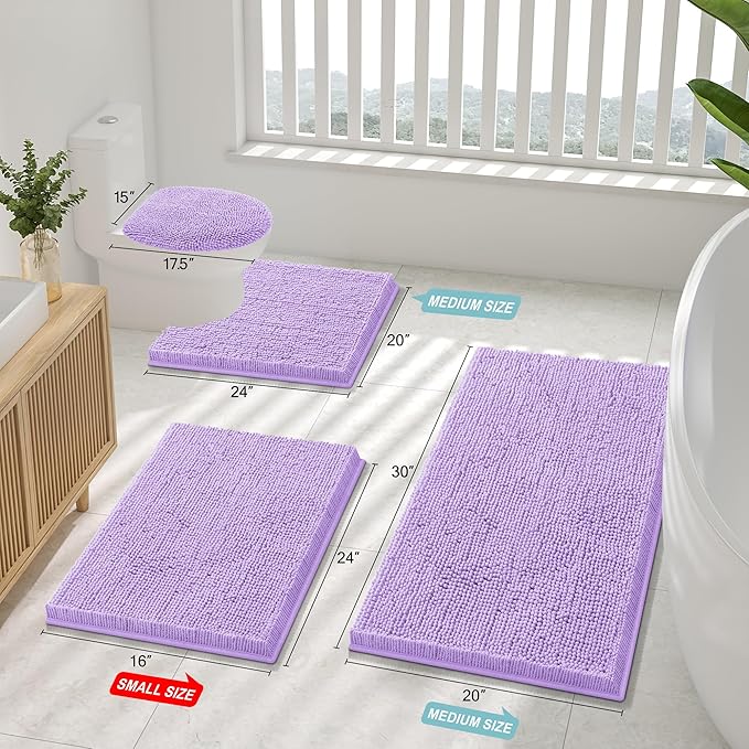 Smiry Luxury Chenille Bathroom Rugs 24x16, Extra Soft and Absorbent Shaggy Bath Mat, Machine Washable, Non-Slip Plush Carpet Runner for Tub, Shower, and Floor, Home Decor Accessories, Purple