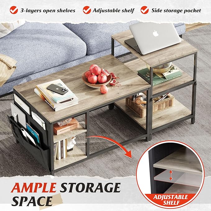 WLIVE Coffee Table, Adjustable Coffee Table Set of 2, Small End Table for Living Room, Bedroom, Grey