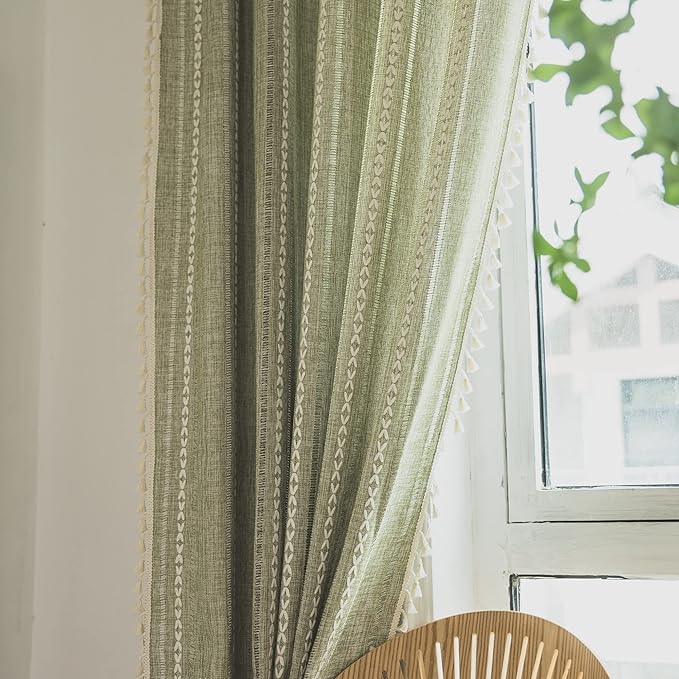 Sutuo Home Boho Curtain for Bedroom Living Room 96 Inches Long, Light Filtering French Country Farmhouse Vintage Chic Tassels Hollow Window Treatment Bohemian Drape, 1 Panel 52" W x 96" L, Green