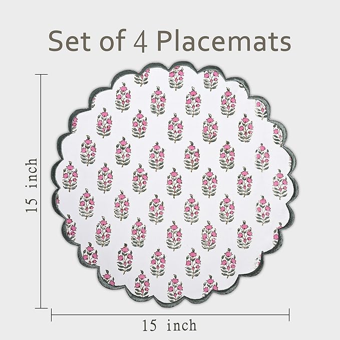 Ridhi Bo-ho Round Place Mat Double Layer Floral Cotton Washable Placemats 15" Round Embroidery Block Print Table Mat (Pack of 4-15 Inch Round, Pink and Green)