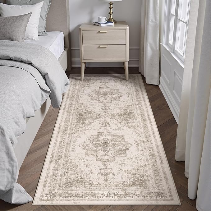 Runner Rug 2x6 Washable Taupe Hallway Runner Vintage Boho Medallion Non Slip Distressed Retro Carpet Indoor Low Pile Long Soft Rug for Kitchen Entryway Bedroom Bathroom Laundry