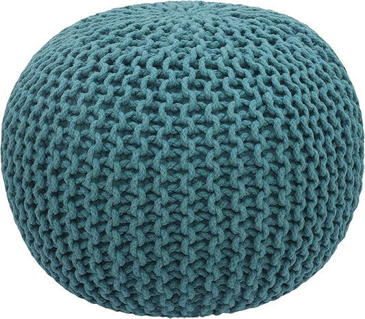 COTTON CRAFT Round Pouf - Hand Knitted Cotton Braid Cord Cable Dori Ottoman - Foot Stool - Floor Pouf Footrest Accent Seat Furniture Bean Bag - Living Room Kids Room Nursery Dorm Décor - 20x14 - Teal