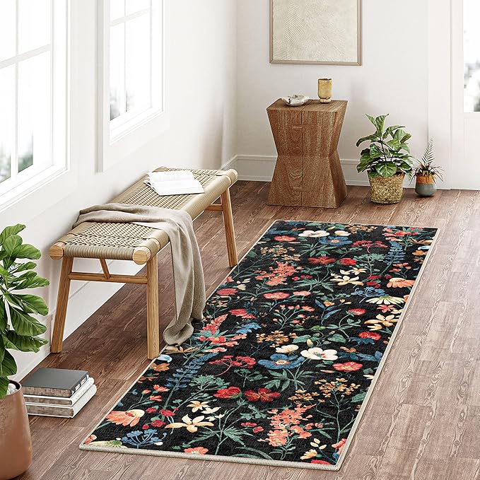 Floral Runner Rug 3x7 Washable Hallway Long Black Bedroom Carpet Non Slip Indoor Boho Kitchen Low Pile Accent Rug Lightweight Soft for Bathroom Dining Laundry Living Room