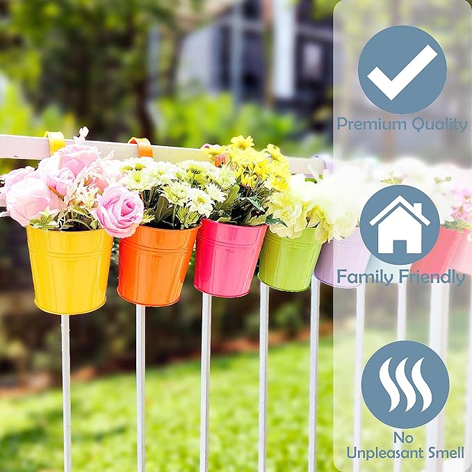LaLaGreen Hanging Planters Outdoor -10 Pack, 6 Inch Colorful Large Metal Flower Pot, Balcony Planters Railing Hanging Herb Garden Iron Hanging Plant Buckets for Fence Rail Deck Porch Outside Wall