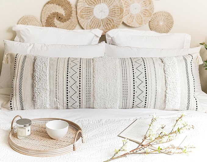 Large Body Pillow Cover for Bed 20x54 Boho Accent Oversized Long Pillowcase for Bedroom Black Neutral White Decorative Cushion Farmhouse Home Décor (Cover ONLY, Pack of 1)