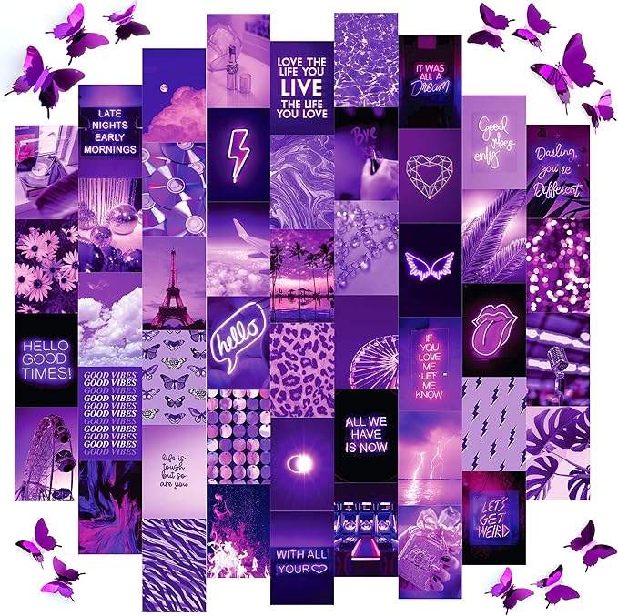 Artivo Purple Wall Collage Kit, 50 Set 4x6 Butterflies, Purple Black Pictures for Wall Decor, Posters for Room Aesthetic, Girls Room Decor, Cute Wall Decor for Teens