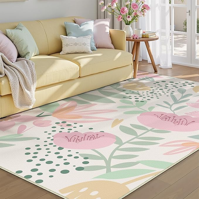 Pink Area Rug 6x9 Washable Boho Large Living Room Carpet Non Slip Kitchen Soft Cute Bedroom Botanical Indoor Accent Rug for Office Dining Room Nursery Bathroom Farmhouse
