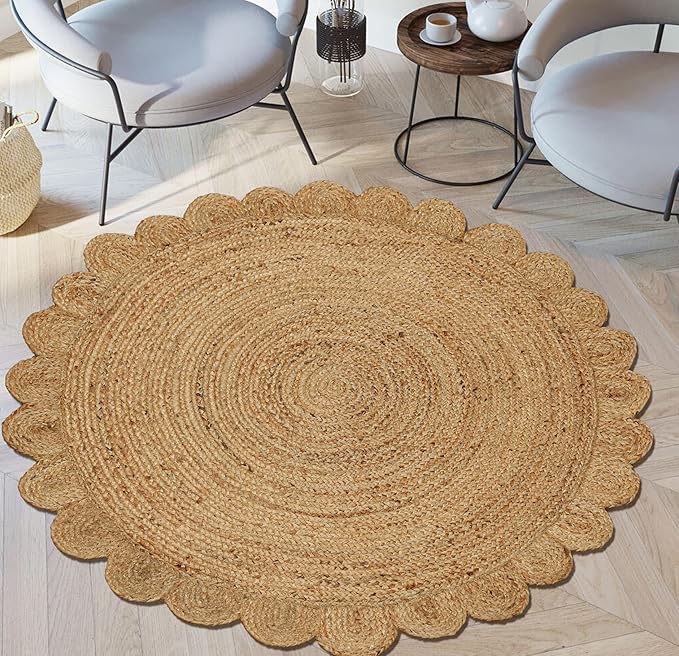 Savi Home Hand Woven Jute Braided Scalloped Rug, 4' Round - Natural, Reversible Area Rugs for Living Room, Farmhouse, Kitchen, Handcrafted 4 Feet Round Area Rugs - Natural