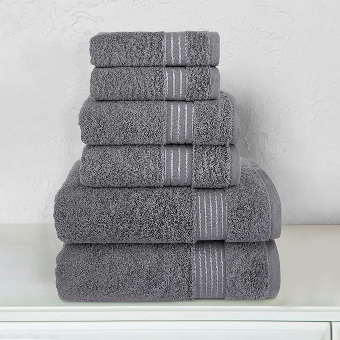 Elegant Comfort Premium Cotton 6-Piece Towel Set, Includes 2 Washcloths, 2 Hand Towels and 2 Bath Towels, 100% Turkish Cotton - Highly Absorbent and Super Soft Towels for Bathroom, Grey