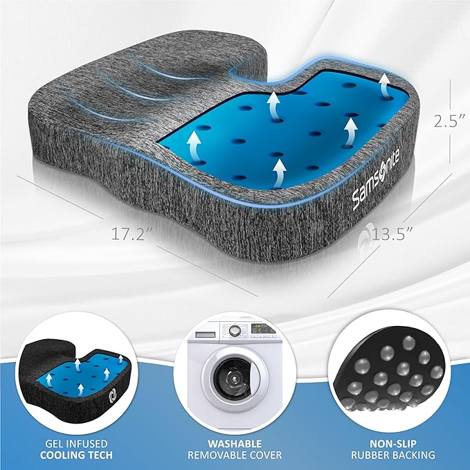 SAMSONITE, Gel-Infused Memory Foam Seat Cushion with Enhanced Airflow Design for Cooling Experience, Fits Most Office Chairs and Car Seats, Supportive Sitting Pillow for Orthopedic Comfort…