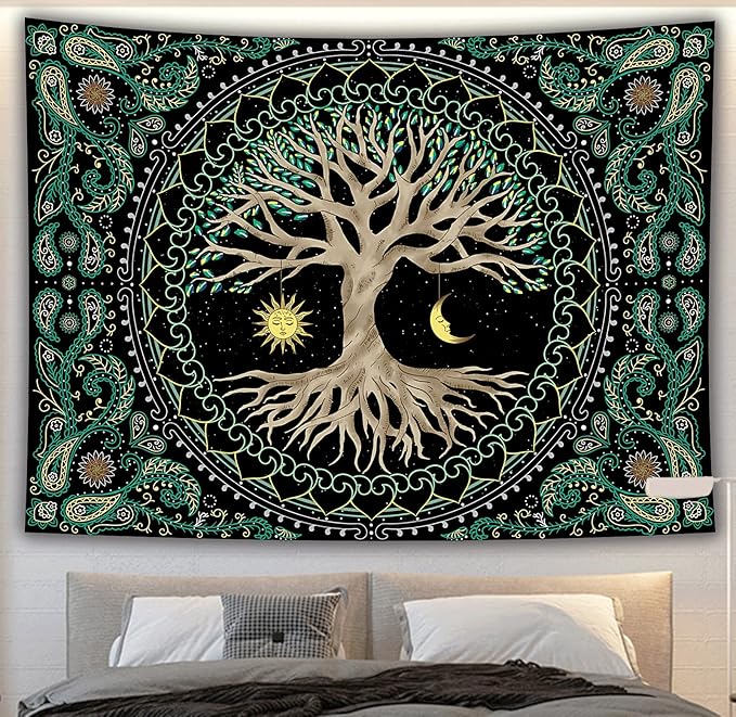 FORATER Tree of Life Tapestry Wall Hanging Aesthetic Sun and Moon Tapestry with Vintage Paisley Flowers Colorful Tree Wall Tapestry for Bedroom, Living Room, Dorm(53 x 61 inches, Multicolor)