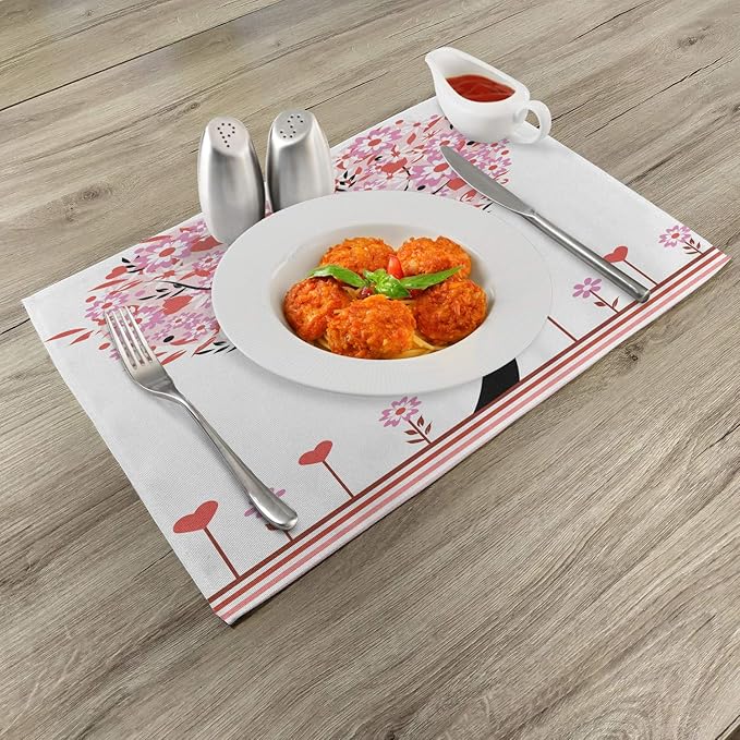 Ambesonne Valentine Place Mats Set of 4, Heart Shaped Tree Daisies Wildflowers Red Leaves Forest Romance Season Image, Washable Fabric Placemats for Dining Table, Standard Size, Pink Red
