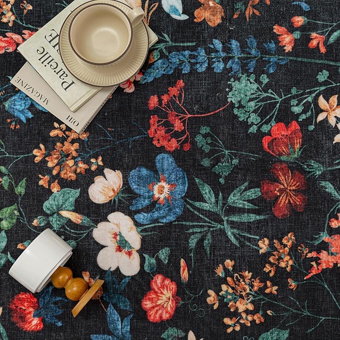 Floral Runner Rug 2x6 Washable Hallway Long Black Bedroom Carpet Non Slip Indoor Boho Kitchen Low Pile Accent Rug Lightweight Soft for Bathroom Dining Laundry Living Room