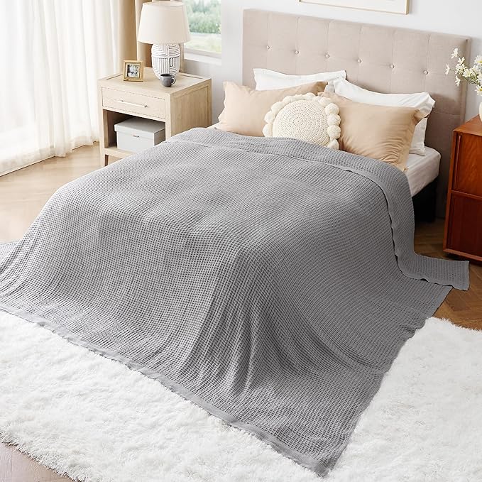 Bedsure 100% Cotton Large Blanket Oversized King for Bed - Breathable Waffle Weave Blanket for Summer Spring, Couch Cover, Grey, 120x94 inches