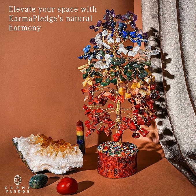 7 Chakra Healing Crystal Tree of Life with Manifestation Card, Handmade Golden Wire Crystal Tree for Good Luck, Positive Energy, Wealth, Reiki Healing, and Decor, Gift for Women and Mom