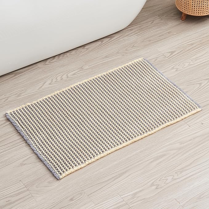 Douceur Waffle Bath mat for Bathroom Floor Non Slip, Super Soft Acrylic Blend Bath Rugs with Tassels, Quick Dry Bathroom Rugs Machine Washable, 16" x 24", Grey&Yellow