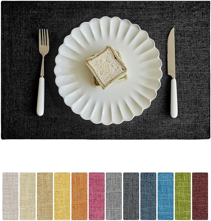 Softalker Faux Linen Placemats Set of 12-12 x 18 Inch, Heat Resistant Double Layered Durable Burlap Farmhouse Place Mats, Non-Slip Washable Rustic Table Mats for Dining, Kitchen, Party(Black