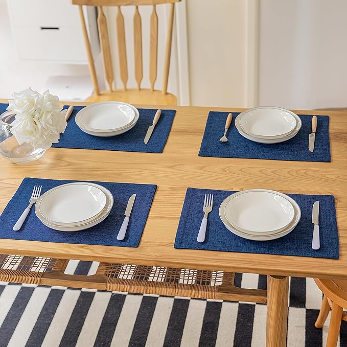 Demetex Cloth Table Placemats Heat Resistant Linen Place Mats Set of 4 Navy Blue Stains Resistant Plate Mats for Dinner Party Banquet, Indigo