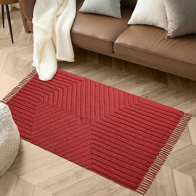 Boho Bathroom Rug 2' x 3', Washable Hand-Woven Tufted Cotton Rug with Tassels for Entryway, Foyer, Bedroom, or Kitchen - Rust Bricks