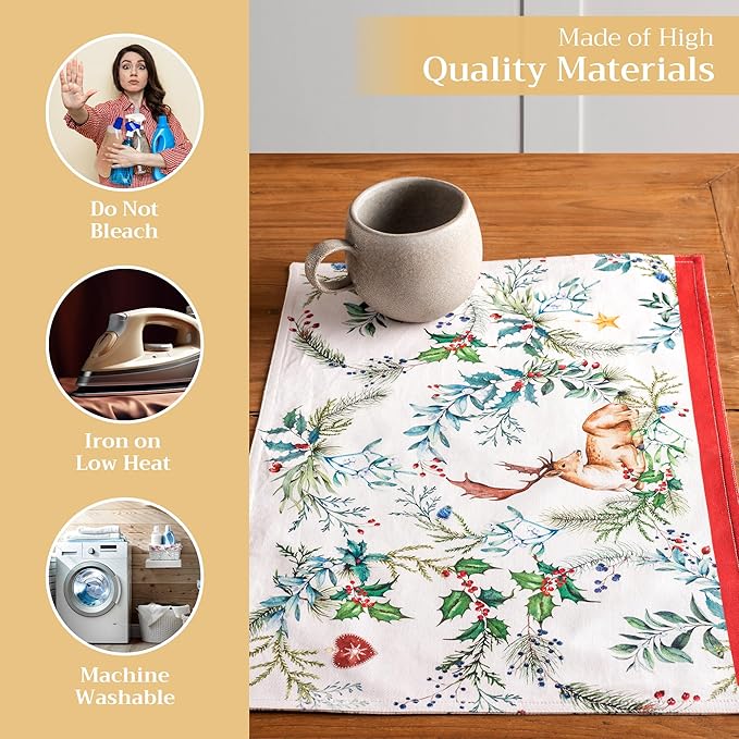 Maison d' Hermine Placemats Set of 4 100% Cotton Washable Cloth Place Mats, Reusable Table Mats for Kitchen Dining Decoration, Party, Wedding, Restaurant (Holly Time, 13" x 19")