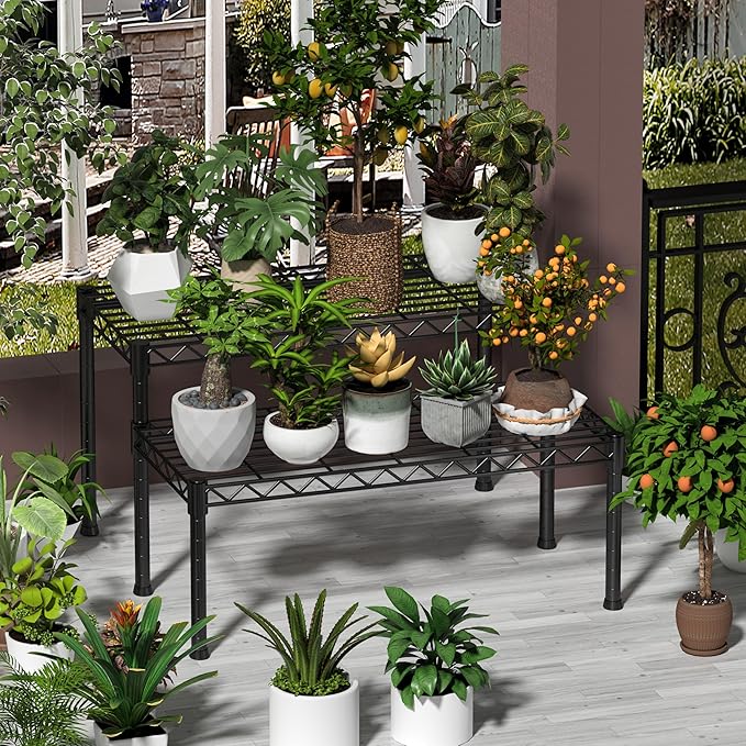 Xiofio 2 Tier Ladder Potted Multiple Plants for Indoor and Outdoor Plant Stands, Adjustable Shelves and Multifunctional Plant Racks suitable for living room balconies and gardens,(Black)