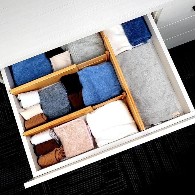 Utoplike Bamboo Dresser Drawer Dividers, 4'' High Adjustable Drawer Organizers for Clothing, Spring Loaded, Works in Kitchen, Bathroom, Bedroom, Drawer, Desk, 4 PCS