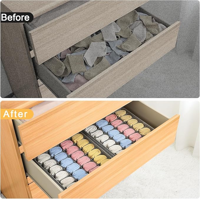 Joyoldelf Sock Drawer Organizer Divider Underwear Organizer 24-cell Fabric Dresser Drawer Organizers Storage Boxes for Socks Lingerie, Handkerchiefs, Ties 4 Pack (Gray)