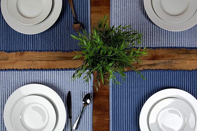 Sticky Toffee Woven Cotton Placemats Set of 4, Blue Ribbed 14 x 19 in, Washable Table Mats for Kitchen or Dining Table