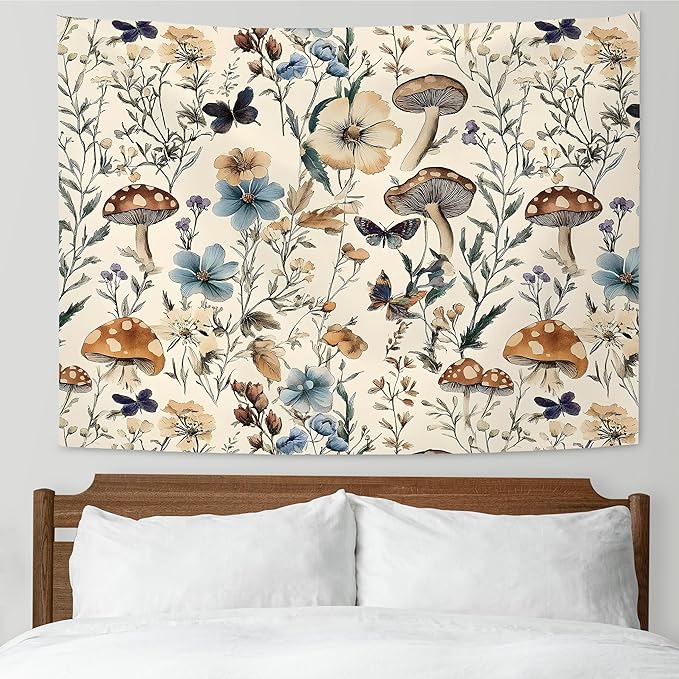 KAIOUS Floral Mushroom Tapestry, Vintage Floral Mushroom Flower Tapestry Wall Hanging Art Aesthetic Decor for Girls Bedroom Living Room Dorm Bed Women 50x58 Inches