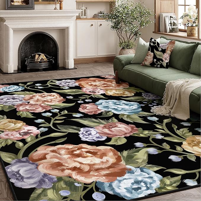 Black Area Rug 8x10 Floral Living Room Indoor Non Slip Bedroom Large Boho Carpet Washable Low Pile Soft Accent Rug for Office Dining Room Farmhouse