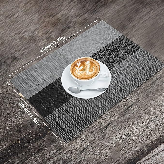 HeloHo Black Placemats Set of 4 Heat-Resistant Washable Place Mats Non-Slip Vinyl Woven Table Mats Wipeable Placemat for Kitchen Dining Table Decoration Indoor Outdoor