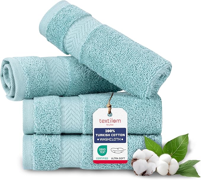 TEXTILOM Washcloths for Body and Face – Hotel and Spa Quality & Soft & Absorbent & Quick Dry Wash Cloths for Your Body – 100% Turkish Cotton Wash Clothes Towel Set of 4 (13 x 13 inches) - Aqua