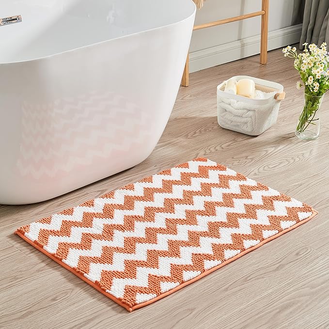 CozeCube Orange Chenille Bathroom Rugs 59" x 24", Soft Microfiber Chevron Bath Mats for Bathroom, Non Slip Shaggy Bath Rugs Machine-Washable, Plush Absorbent Shower Mat, Halloween Bath mat