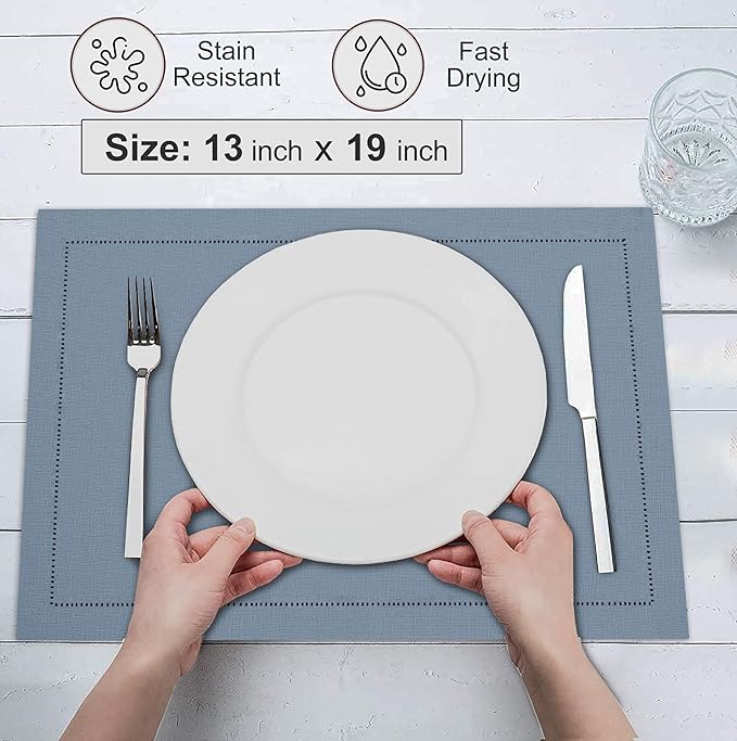 Ruvanti Linen Placemats Set of 6-13x19 Inch, Classic Hemstitch, Heat Resistant Machine Washable Place Mats, Soft & Elegant- Perfect for Christmas, Thanksgiving, Easter, Weddings, Dinner - Grey