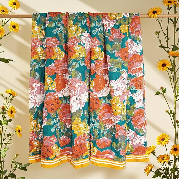 Boho Throw Blanket, 100% Organic Cotton Breathable Ultra Soft Bed Quilt Throw - All Season Floral Bird Butterfly Farmhouse Decor Blanket for Sofa Couch Chair and Gift. 80" x 90"